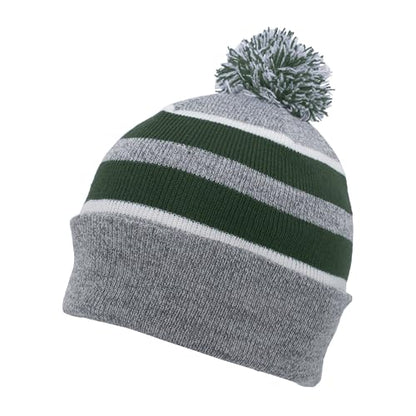 Pacific Headwear Unisex Adult Pacific Headwear Knit Fold Over Pom-pom Beanie - color: Heather/Dark Green/White, size: One Size
