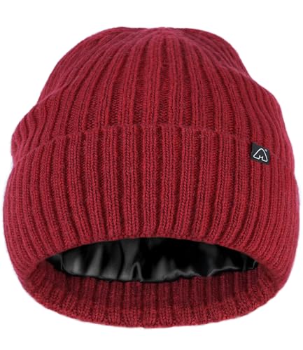 Hat Hut Wool Beanie Satin Lined Winter Hats Slouchy Beanie with Silk Lining Warm Wool Knit Ski Hat Cuffed Cap Women Men - color: Dark Red