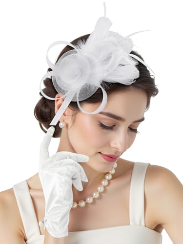 2Pcs 50s Fascinators Hats for Women Wedding Cocktail Flower Mesh Ribbons Feathers Church Tea Party Hats and Lace Glove - color: White