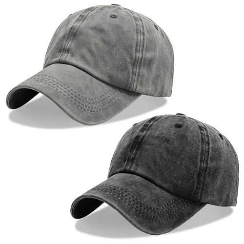 2Pack Vintage Washed Cotton Baseball Caps, Adjustable Low Profile Dad Hat, Unconstructed Distressed Plain Cap for Men Women - color: Black+grey