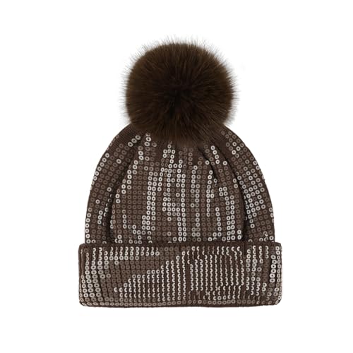 C.C Sequin Pom Beanie for Women - Acrylic Stretchable Soft Warm Knit Winter Skully Hat with Yarn Pom - color: Clear Sequin-chocolate
