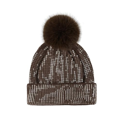 C.C Sequin Pom Beanie for Women - Acrylic Stretchable Soft Warm Knit Winter Skully Hat with Yarn Pom - color: Clear Sequin-chocolate