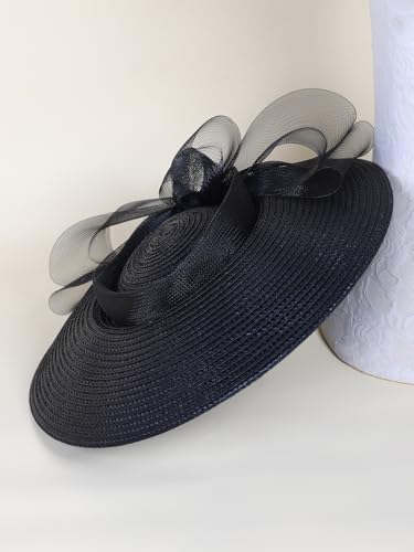 HIMESPORT Straw Cocktail Fascinators Hat for Women Ladies Wide Brim Church Wedding Bride Derby Tea Party Hats with Mesh Bow - color: Black