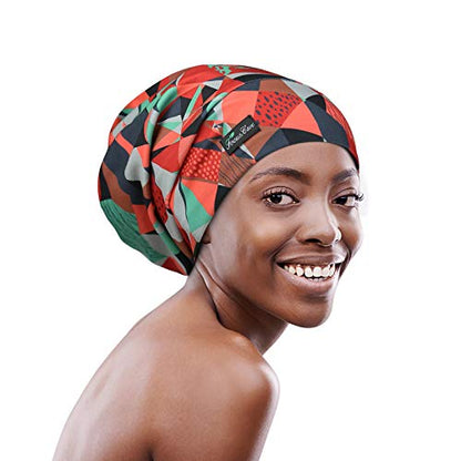 Adjustable Satin Lined Sleep Cap for Dreadlocks Curly Hair Large Head-Stay On Overnight - color: Red Leopard