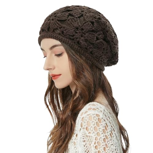 ZLYC Women Cotton Crochet Slouchy Beanie Hat Handmade Knit Summer Skull Cap - color: Crochet Brown