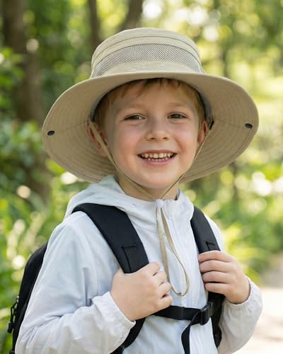 HONGTEYA Kids Sun Hat UPF 50+ Toddler Bucket Summer Hat Fishing Outdoor - color: Beige, size: 5-13 Years