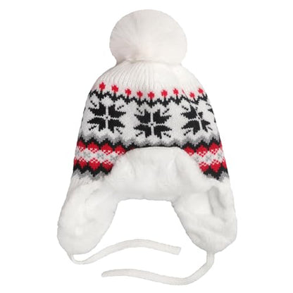 IPENNY Women's Winter Faux Fur Lined Trapper Hat, Warm Knitted Beanie with Pom Pom & Earflaps, Warm Ski Cap for Cold Weather - color: White
