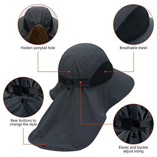 BASSDASH UPF 50+ Unisex Water Resistant Wide Brim Sun Hat with Large Neck Flap Ponytail Fishing Hat for Men Women - color: Dark Grey