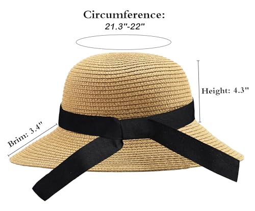 Girls Wide-Brim Straw Sun-Hat for Summer Beach with Bow - color: Khaki(bow-straw Hat), size: 9-17 Years