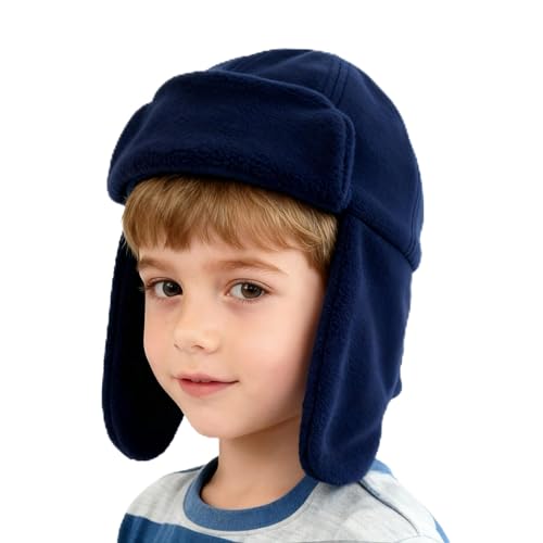 Toddler Trapper Hat with Earflap for Cold Weather Fleece Lined Kids Winter Aviator Hat for Boys Girls - color: Navy Blue, size: 6-12 Months