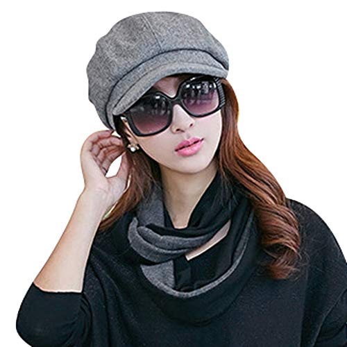 haozaikeji Women's Wool Blend Fashion Newsboy Hat Classic 8 Panel Cabbie Beret Winter Baker Boy Hat Pageboy Hat - color: Grey