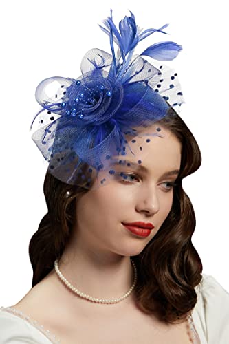 Fascinators Hat for Women Tea Party Headband Kentucky Derby Wedding Flower Cocktail Mesh Feathers Hair Clip - color: 1-royal Blue