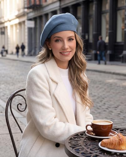 Women's Knitted Beret, French Style Double Layer Winter Autumn Warm and Soft Beanie Hat Cap - color: Denim Blue