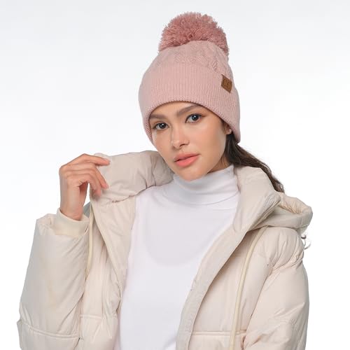 C.C Lurex Cable Pom Beanie for Women - Stretchable Soft Warm Knit Winter Skully Hat with Yarn Pom - color: Rose / Rose Metallic