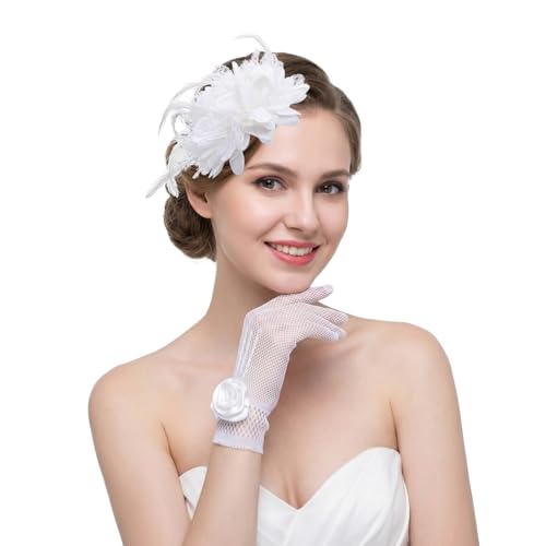2PCS 20s 50s Fascinator Hat for Women Tea Party Hat with Gloves for Wedding Cocktail Party - color: White