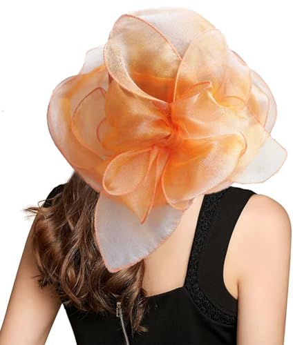 Organza Fascinator Hat - Women’s Wide Brim Church Bridal Tea Party Wedding Hat - color: 01a-fragrant Orange