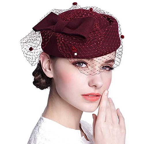 ORIDOOR Women's British Style Pillbox Church Derby Wedding Winter Vintage Fascinator Beret 100% Wool Felt Veil Hat - color: 01a-wine Red