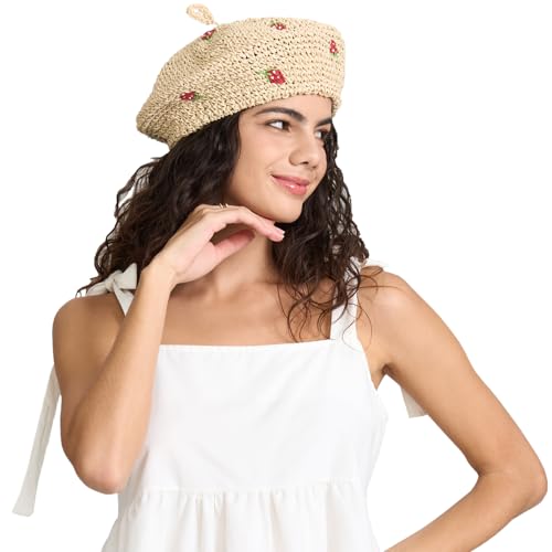Straw Beret Summer French Beret Hats for Women Artist Crochet Beret - color: Strawberry Beige