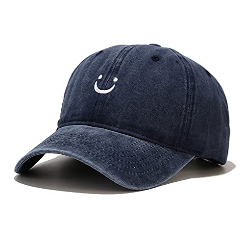 Smile Face Baseball Cap, Vintage Distressed Cotton Dad Hat for Women Men - color: Retro Dark Blue