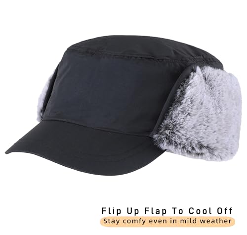 Connectyle Men's Winter Hat with Visor Warm Earflaps Hat Fully Lined Faux Fur Baseball Cap Trapper Hunting Hats - color: Black