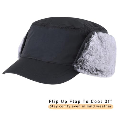 Connectyle Men's Winter Hat with Visor Warm Earflaps Hat Fully Lined Faux Fur Baseball Cap Trapper Hunting Hats - color: Black