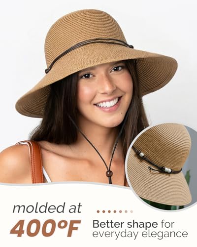 Womens Straw Beach Sun Hat, UV Protection UPF 50+, Lightweight Straw Bucket Hat, Summer Travel - color: Khaki, size: Medium
