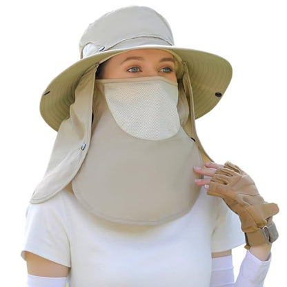 Men Women Safari Bucket Fishing Sun Hats Face Cover Neck Flap - color: Kcl015-beige