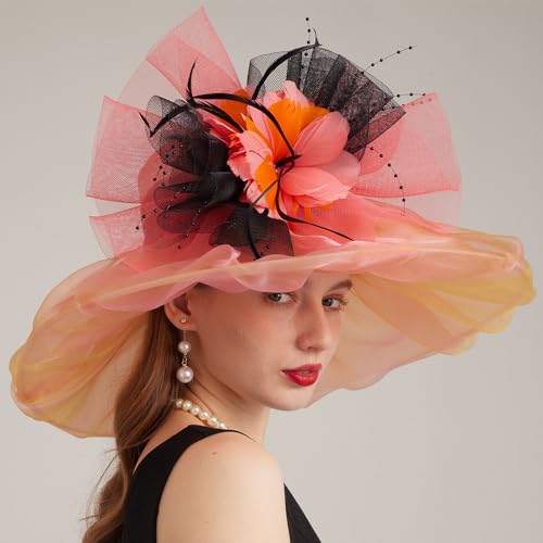 Kentucky Organza Derby Top Hats for Women Sun Visor Cap Ladies Flowers Bride Weeding Fascinators Wide Brim Fedoras - color: Pink-orange