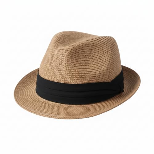 Straw Fedora Hat for Women Men Short Brim Panama Hats Derby Trilby Hats Breathable Packable Summer Beach Sun Hat - color: Khaki Black
