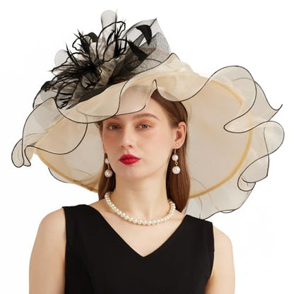 Women Organza Church Derby Hat Wide Brim Sun Caps for Wedding Tea Party Hat with Detachable hat Flower as Headgear - color: 11-beige