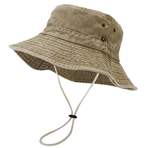 Unisex Cotton Boonie Hat Summer Fishing Bucket Hat Sun Hat with String - color: Retro Khaki