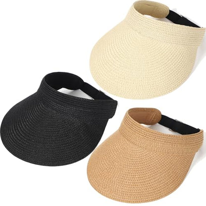 MULIMU new 3pcs Sun Visor Hats for Women Wide Brim Straw Visors Womens Foldable Beach Visors Summer Packable Ponytail Beach Hat Black
