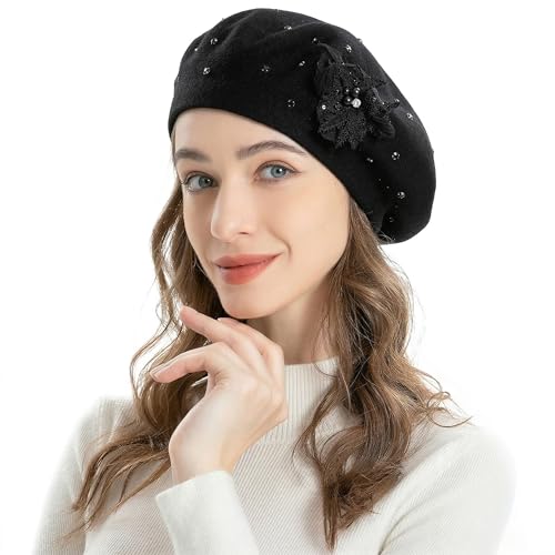 ZLYC Women French Beret Hat Reversible Solid Color Mosaic Warm Artist Cap - color: Bead Flower Black