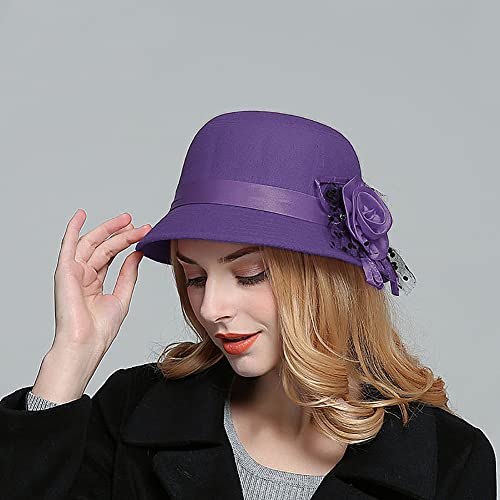 Glamorstar Vintage Felt Cloche Hat Winter Floral Fedora Bucket Hat Bowler Hats - color: Purple