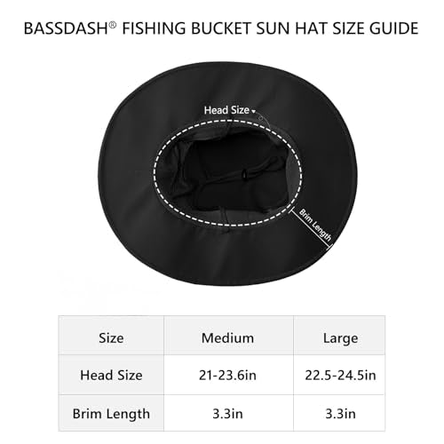 BASSDASH UPF 50+ Fishing Sun Hat Water Resistant Unisex Wide Brim Bucket Boonie Hat for Hiking Camping Safari FH15 - color: Black, size: Large