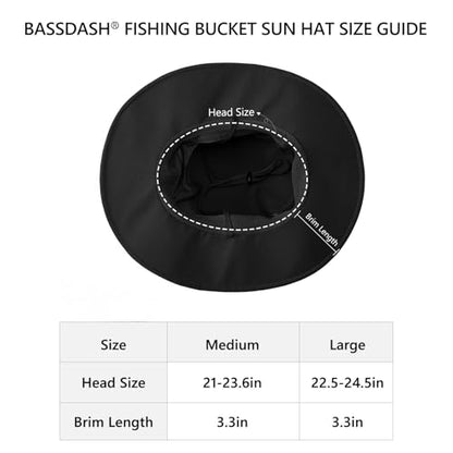 BASSDASH UPF 50+ Fishing Sun Hat Water Resistant Unisex Wide Brim Bucket Boonie Hat for Hiking Camping Safari FH15 - color: Black, size: Large