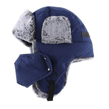 Home Prefer Men's Trapper Hat with Face Mask Faux Fur Trooper Trapper Hat for Men Winter Hunting Hat - color: Navy Blue