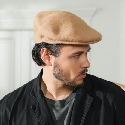 Wool Blend Mens Newsboy Caps, Classic Flat Cap Ivy Cabbie Gatsby Hat Winter Beret Hat for Men - color: Khaki
