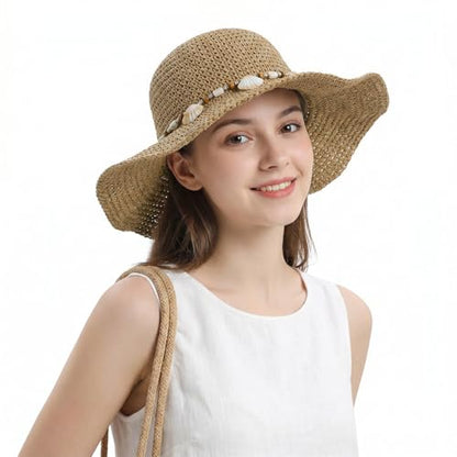 Womens Foldable Straw Sun Hat Summer Wide Brim Crochet Bucket Hats UPF 50+ Travel Beach Fedora Fisherman Cap Sombrero Hat - color: Khaki