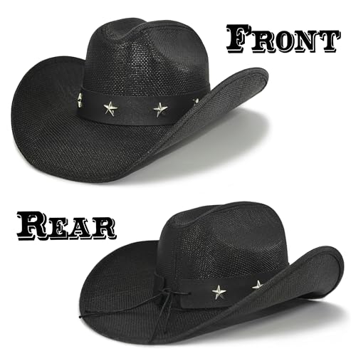 FLUFFY SENSE. Cowboy Hat for Women and Men - Straw Cattleman Crease Western Hats with Upgrade 4 inches Shapeable Wide Brim - color: Black