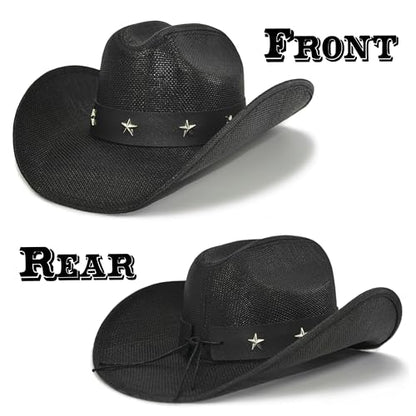 FLUFFY SENSE. Cowboy Hat for Women and Men - Straw Cattleman Crease Western Hats with Upgrade 4 inches Shapeable Wide Brim - color: Black