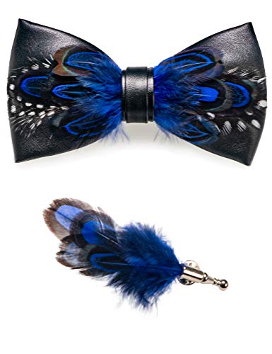 RBOCOTT Handmade Feather Pre-tied Bow tie and Brooch Sets for Men - color: Blue/Navy