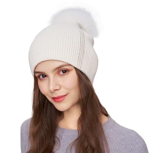 Women's Knitted Angora Wool Hat for Autumn and Winter Warm and Stylish with Rolled Brim and Slanted Rhinestones Cap - color: A-white