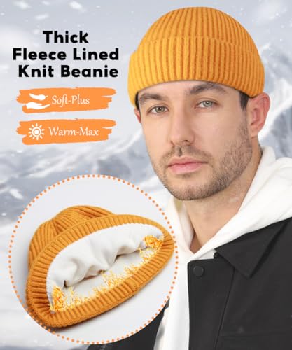 Heniho Wool Fleece Lined Fisherman Beanie for Men, Winter Warm Hats Cuffed Knit Watch Cap Trawler Hat - color: 2pack L- Black&yellow