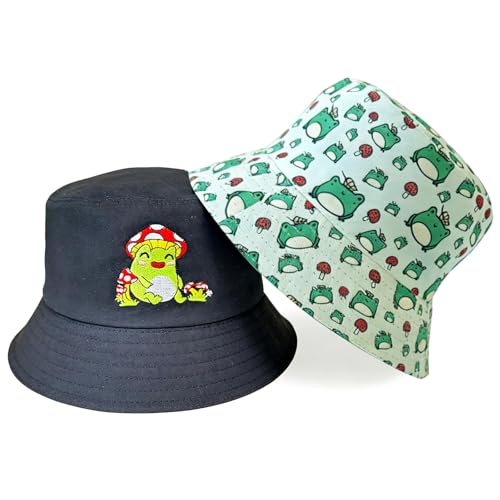 Summer Reversible Bucket Hat - Packable Cute Pineapple Sun Hat for Beach, Golf, Fishing, Travel, Outdoor for Women Men - color: Frog