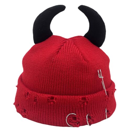 Distressed Ring Beanie Hat for Women Men Slouchy Skull Cap - color: Horns Red