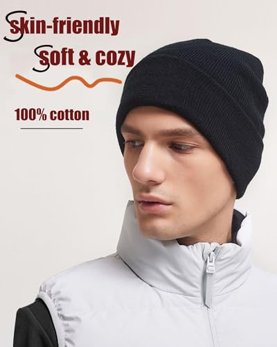 vidsel 100% Cotton Beanie Hat-Unisex Winter Knit Cuffed Beanies Skull Cap - color: 1-black