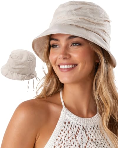 Linen Blend Ruched Bucket Hat Ultra-Light Breathable Sun Hat - color: Beige