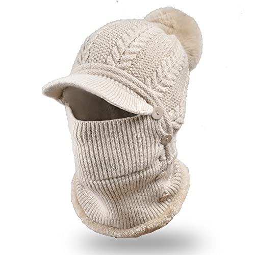 HUAMULAN Women Cable Knit Balaclavas Winter Fleece Lined Beanie Hat - color: Khaki With Pompom