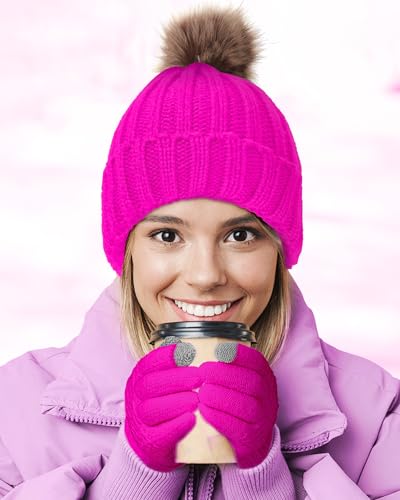 Syhood 4 Pcs Hat and Glove Set Winter Beanie and Glove Set - color: White and Pink